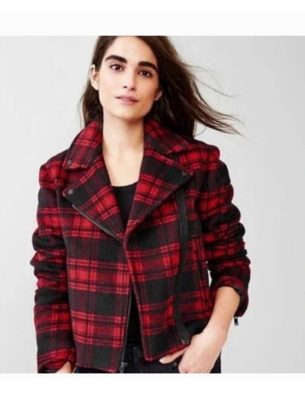 Gap Red Buffalo Plaid Wool Blend Moto Jacket Grunge Zip small